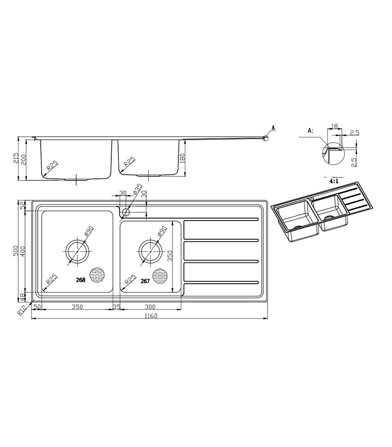 Technical Drawing For Tradi 1 & 3/4 Bowls Sink 1160mm With Drainerboard On Side BK116.1
