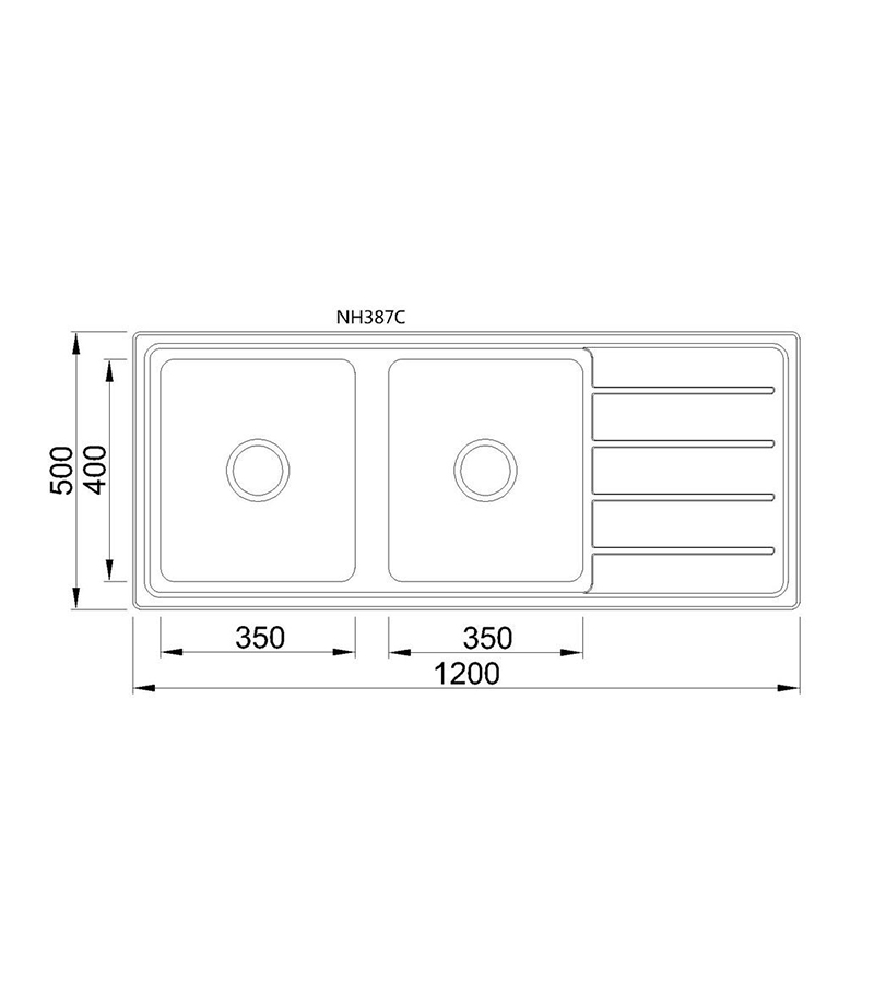 Technical Drawing For Tradi Double Bowls Sink 1200mm With Drainerboard On Side BK120LHB