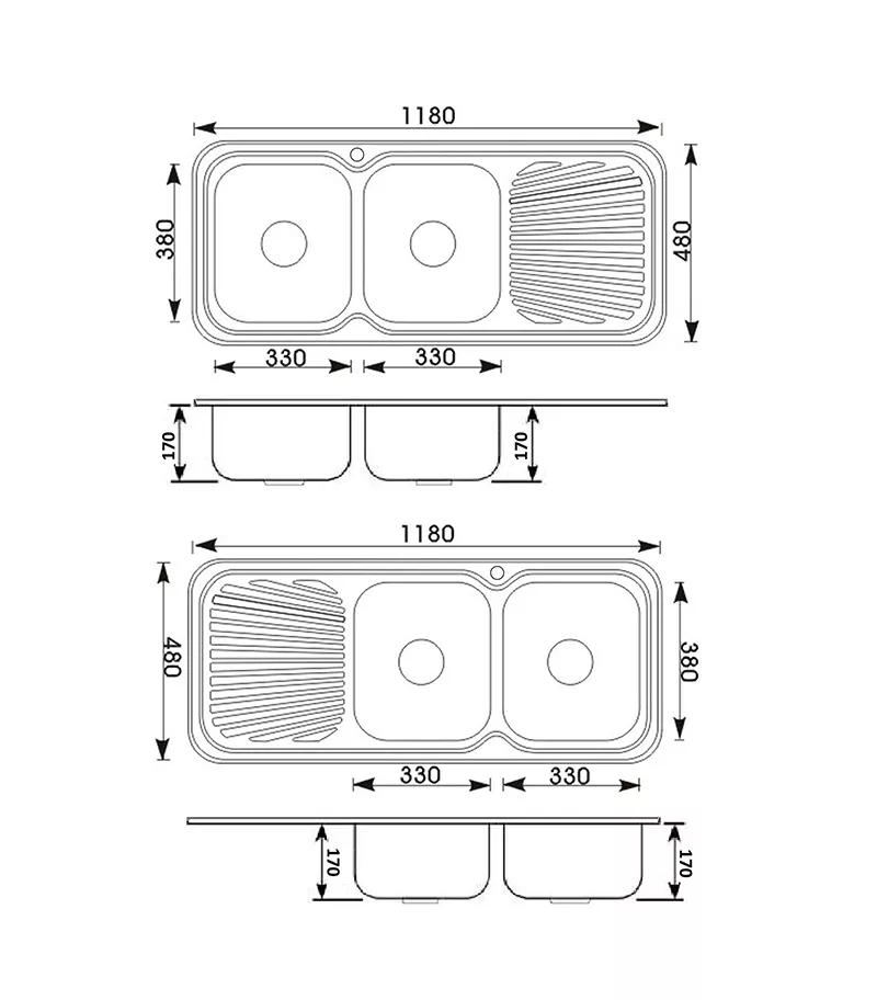 Technical Drawing For Cora Chrome Double Bowls Sink 1180mm With Drainerboard On Side P1180