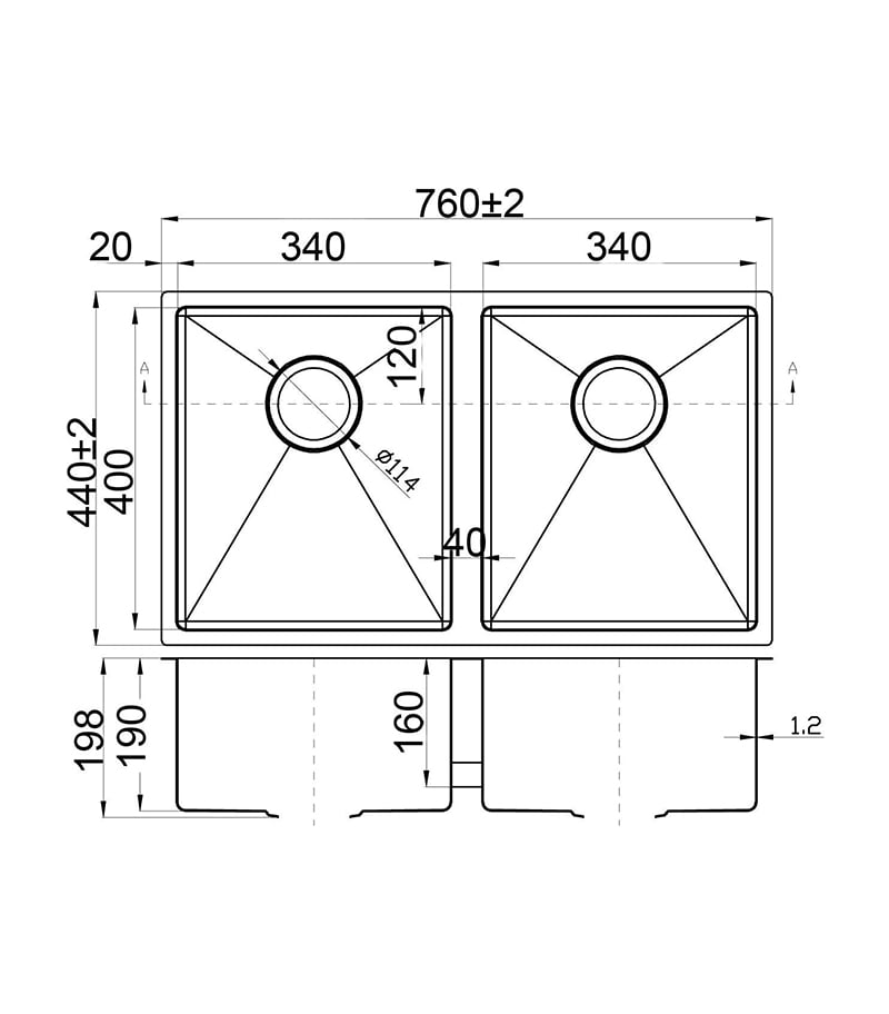 Technical Drawing For Eden Double Bowl Above or Undermount Sink 760mm PS340DR