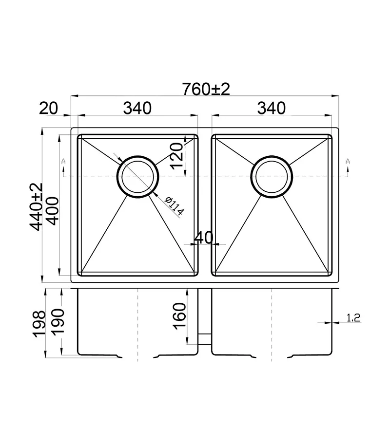 Technical Drawing For Eden Double Bowl Above or Undermount Sink 760mm PS340DR