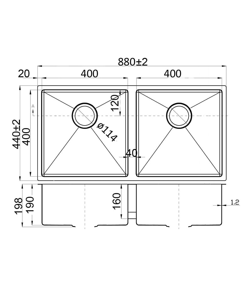 Technical Drawing For Eden Double Bowl Above or Undermount Sink 880mm PS400DR
