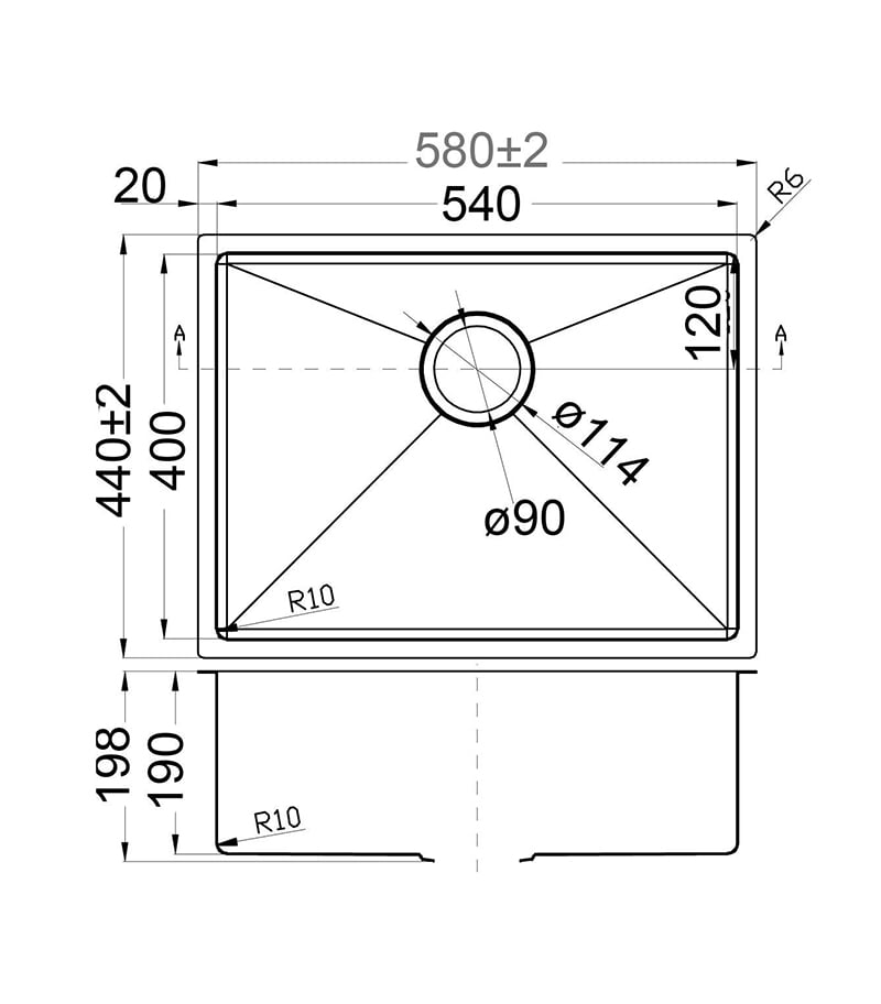 Technical Drawing For Eden Single Bowl Above or Undermount Sink 540mm PS540R