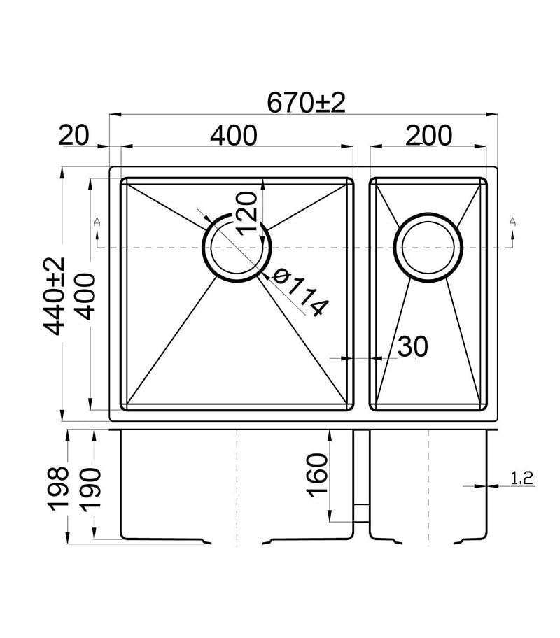 Technical Drawing For Eden 1 & 1/2 Bowls Above or Undermount Sink 670mm PS670DR