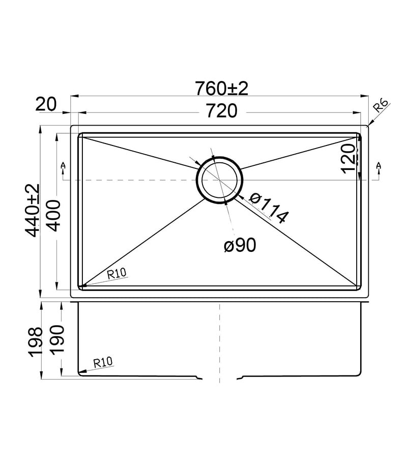 Technical Drawing For Eden Single Bowl Above or Undermount Sink 720mm PS720R