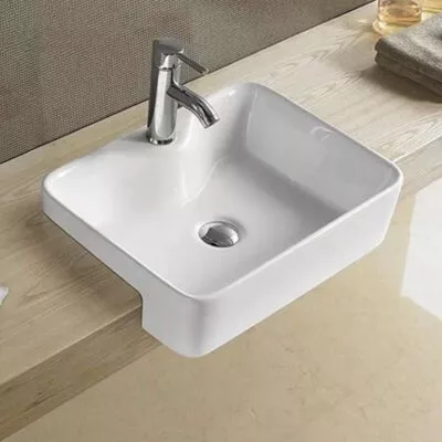 480 x 370 x 130mm Semi-Recessed Ceramic Basin - Gloss White With Background