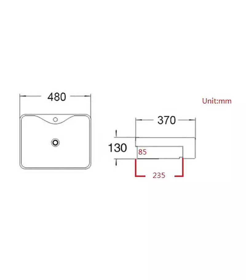 480 x 370 x 130mm Semi-Recessed Ceramic Basin - Gloss White Specification