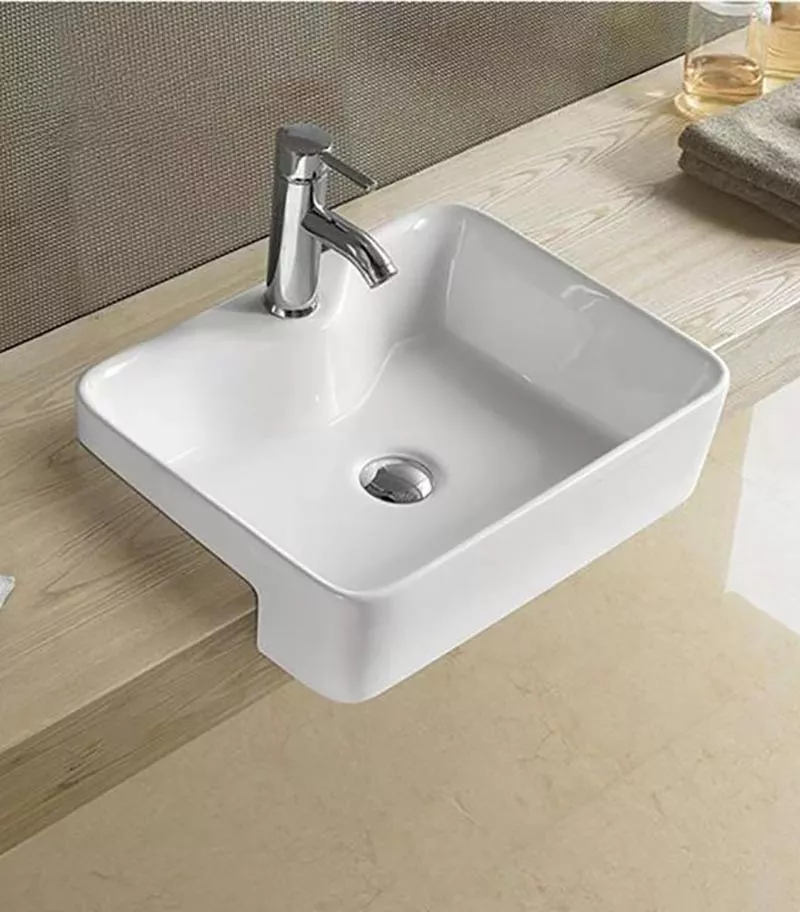 480 x 370 x 130mm Semi-Recessed Ceramic Basin - Gloss White With Background