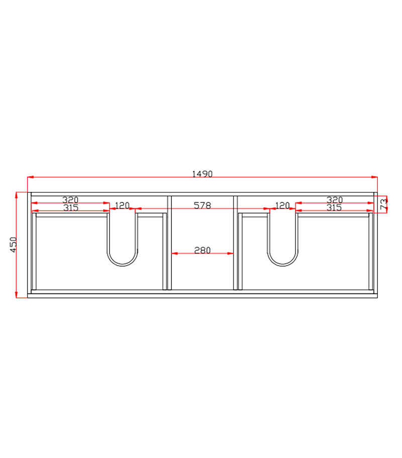 Technical Drawing For Qubist 1500mm Double Bowls MDF Wall Hung Vanity Interior Drawers