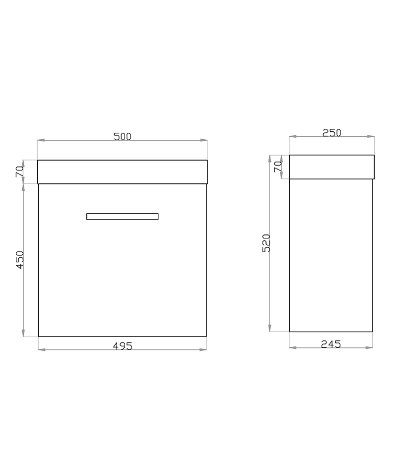 Technical Drawing For 500mm x 250mm x 520mm Qubist Ensuite Wall Hung Vanity Unit