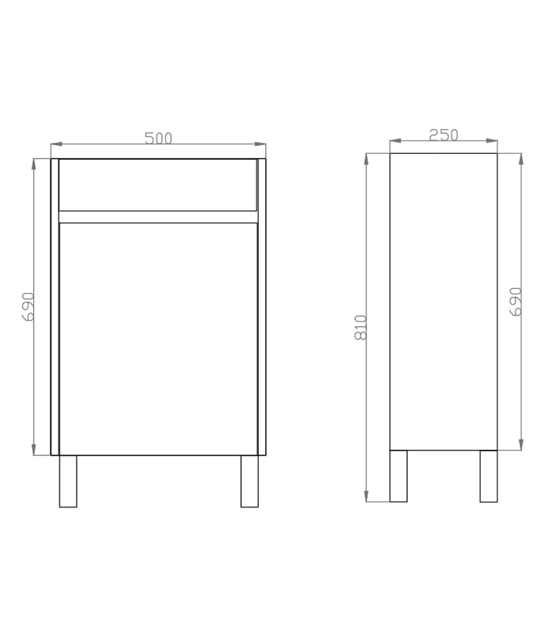 Technical Drawing For 500mm x 250mm x 830mm Qubist Ensuite Floorstanding Vanity Unit