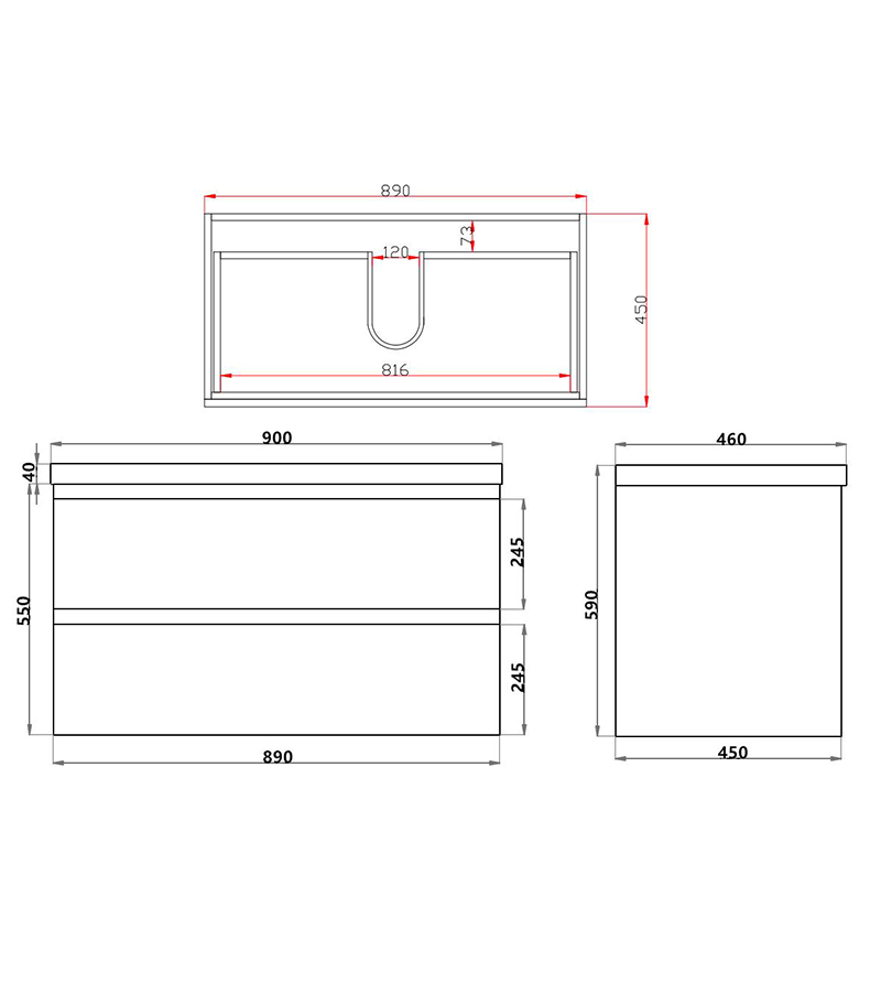 Technical Drawing For Qubist 900mm Wall Hung Vanity