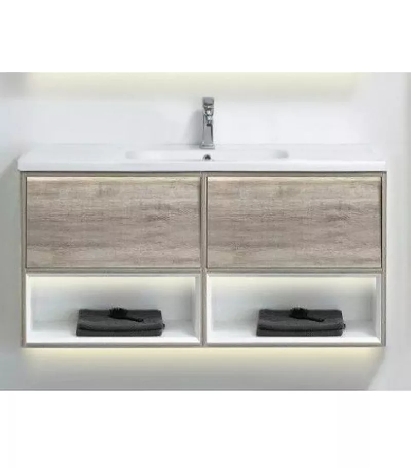 LED Light Oak Ceramic Single Basin Top Wall Hung Vanity 1200mm