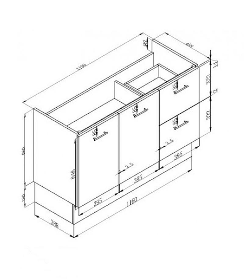 Technical Drawing For Reno 2 Ceramic Top 1200mm MDF Freestanding Vanity