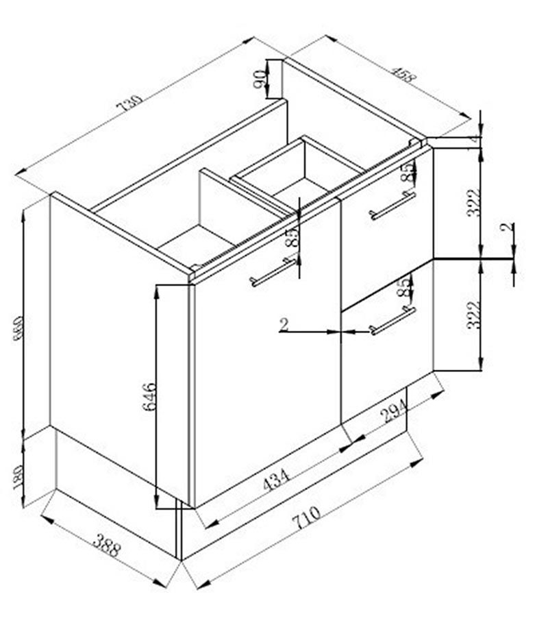 Technical Drawing For Reno 2 Ceramic Top 750mm MDF Freestanding Vanity