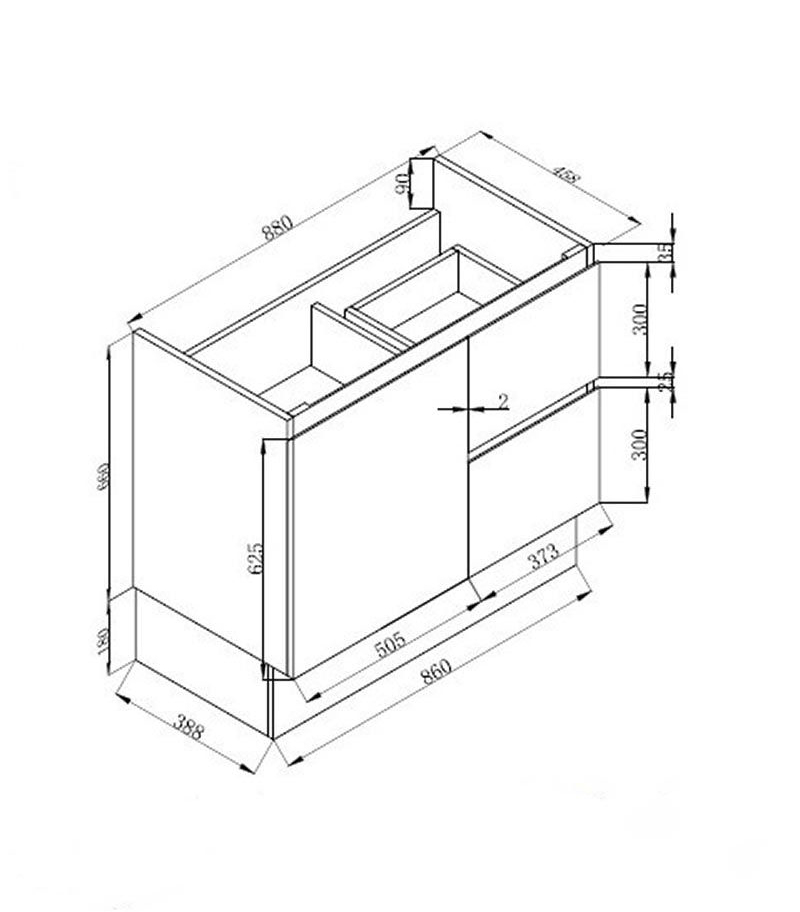 Reno 3 Ceramic Top 900mm MDF Freestanding Vanity Technical Drawing