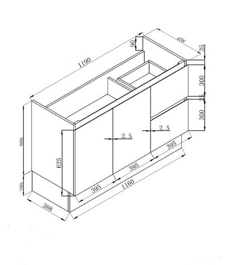 Technical Drawing For Reno 3 Ceramic Top 1200mm MDF Freestanding Vanity