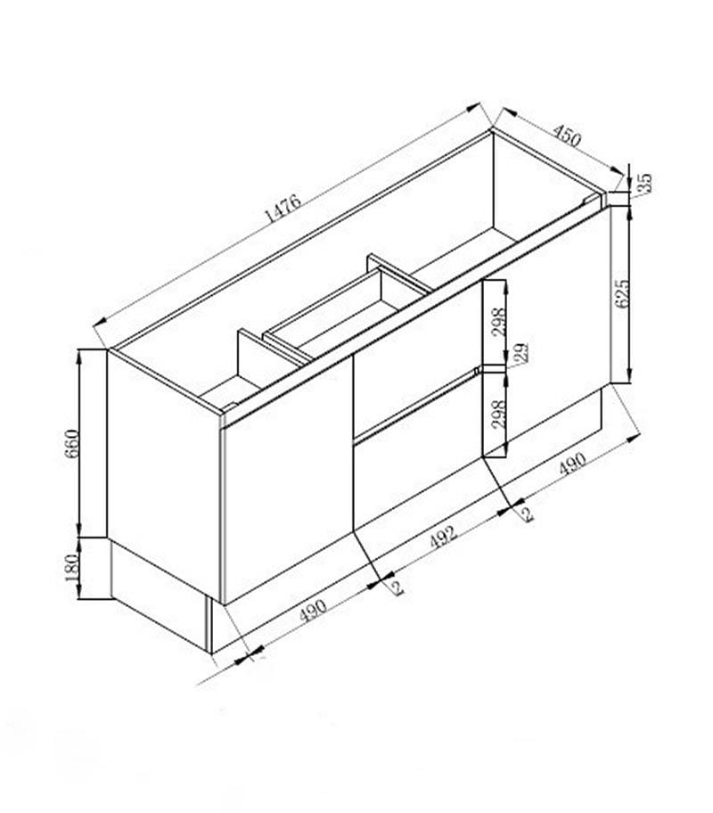 Technical Drawing For Reno 3 Double Bowl Freestanding Vanity 1500mm