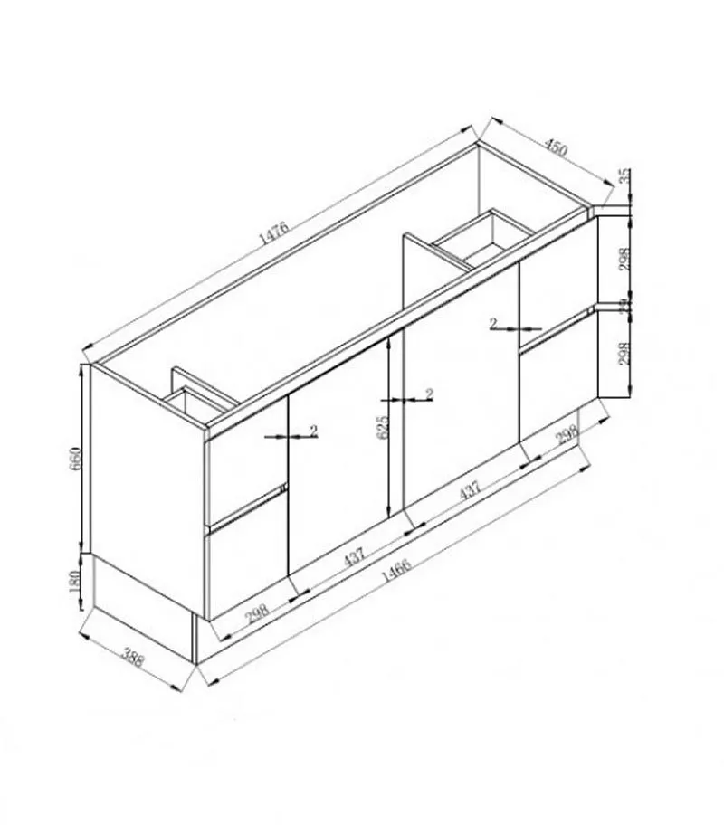 Technical Drawing For Reno 3 Single Bowl Ceramic Top Freestanding Vanity 1500mm