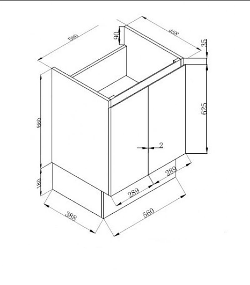 Reno 3 Ceramic Top 600mm MDF Freestanding Vanity With Kickboard Technical Drawing