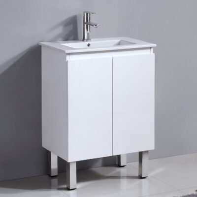 Reno 600mm Narrow Freestanding Vanity With Ceramic Top On Legs- Gloss White