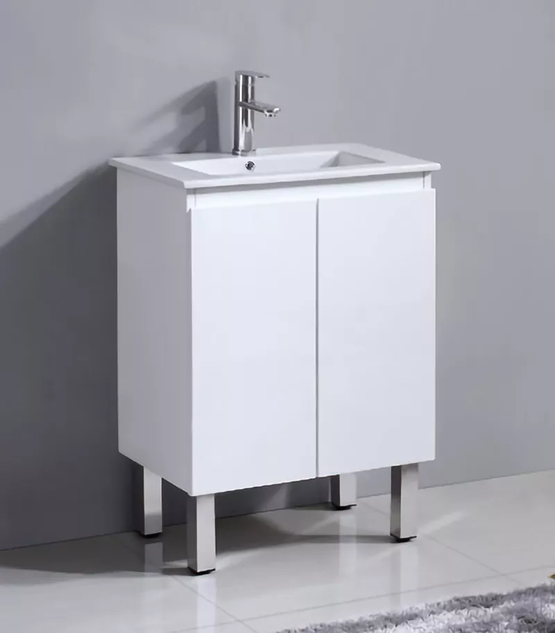 Reno 600mm Narrow Freestanding Vanity With Ceramic Top On Legs- Gloss White