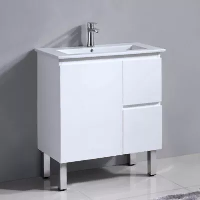 Reno 750mm Narrow Freestanding Vanity With Ceramic Top - Gloss White RH Drawers