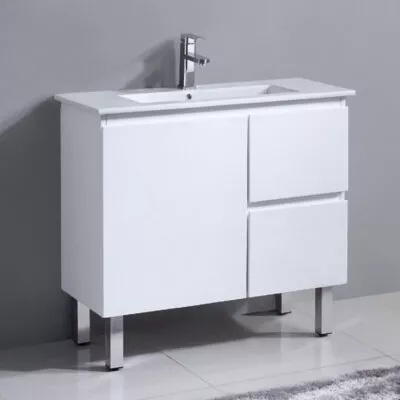 Reno 900mm Narrow Freestanding Vanity With Ceramic Top - Gloss White