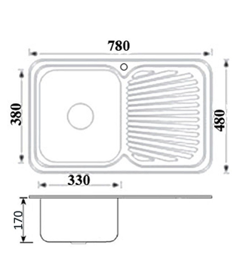 Technical Drawing Cora Single Bowl Sink 780mm With Drainerboard On Side P780LHB