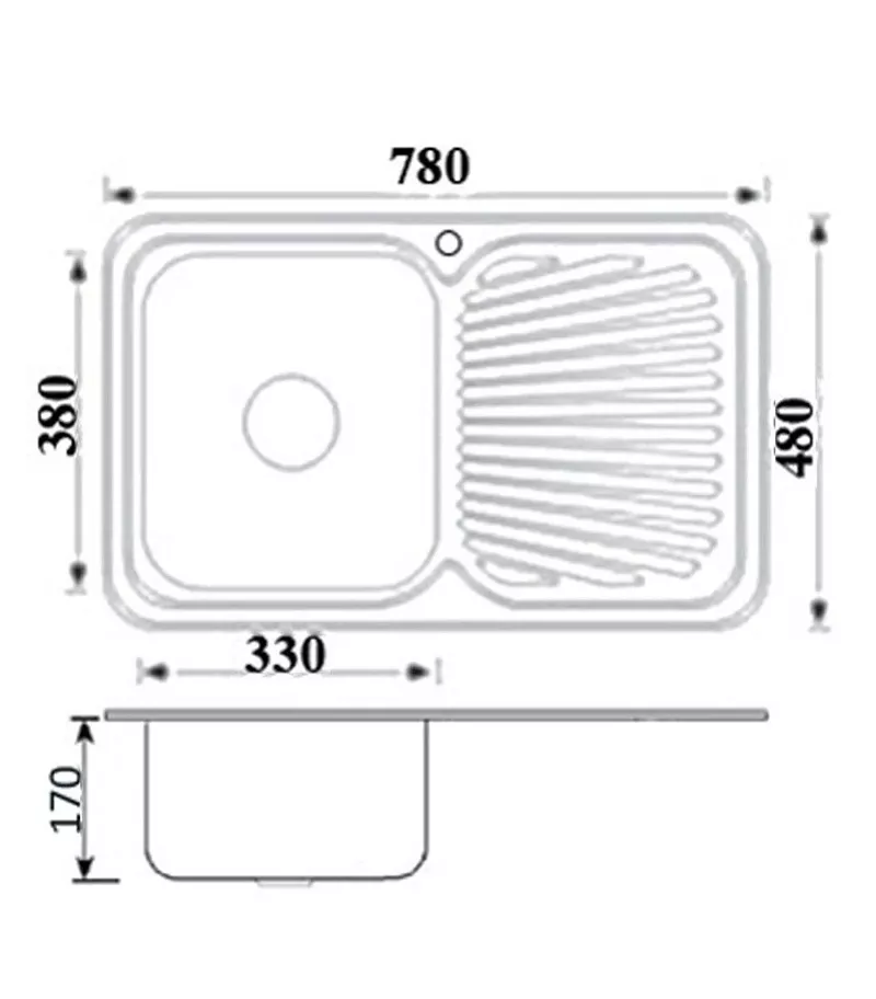 Technical Drawing Cora Single Bowl Sink 780mm With Drainerboard On Side P780LHB Technical Drawing Cora Single Bowl Sink 780mm With Drainerboard On Side P780LHB