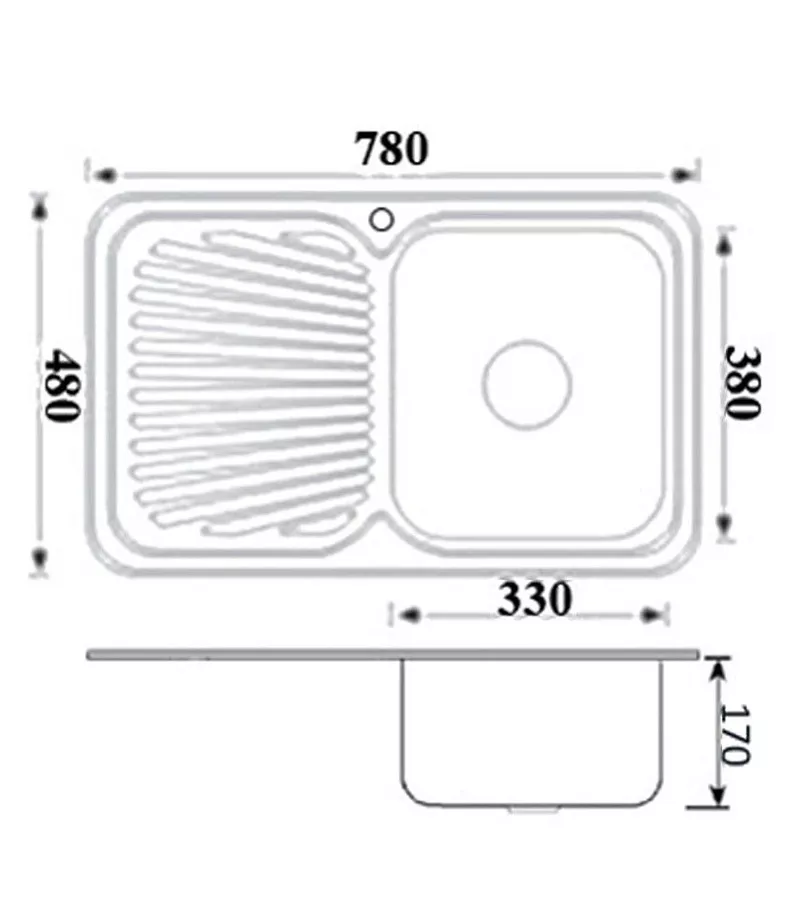 Technical Drawing Cora Single Bowl Sink 780mm With Drainerboard On Side P780RHB Technical Drawing Cora Single Bowl Sink 780mm With Drainerboard On Side P780RHB