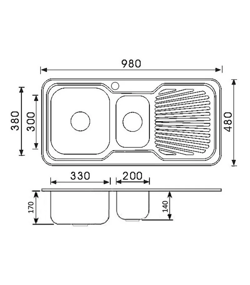 Technical Drawing For Cora Chrome 1 And 1/2 Bowls Sink 980mm With Drainerboard On Side P980LHB Technical Drawing For Cora Chrome 1 And 1/2 Bowls Sink 980mm With Drainerboard On Side P980LHB