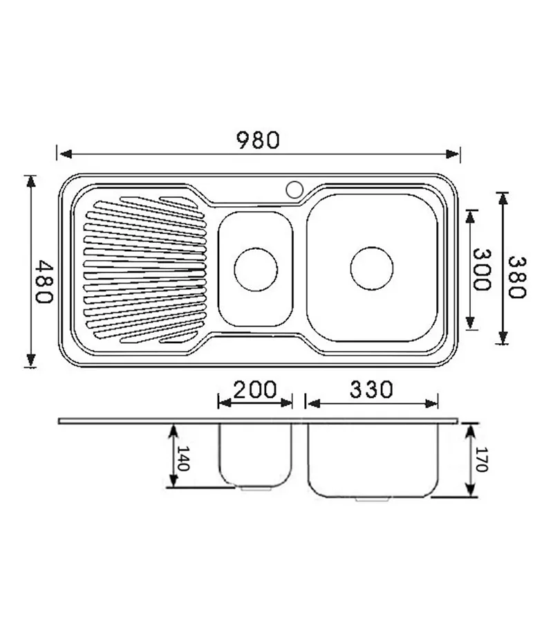 Technical Drawing For Cora Chrome 1 And 1/2 Bowls Sink 980mm With Drainerboard On Side P980RHB Technical Drawing For Cora Chrome 1 And 1/2 Bowls Sink 980mm With Drainerboard On Side P980RHB