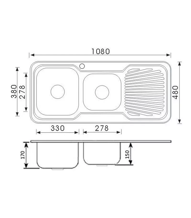 Technical Drawing For Cora Chrome 1 And 3/4 Bowls Sink 1080mm With Drainerboard On Side P1080LHB Technical Drawing For Cora Chrome 1 And 3/4 Bowls Sink 1080mm With Drainerboard On Side P1080LHB