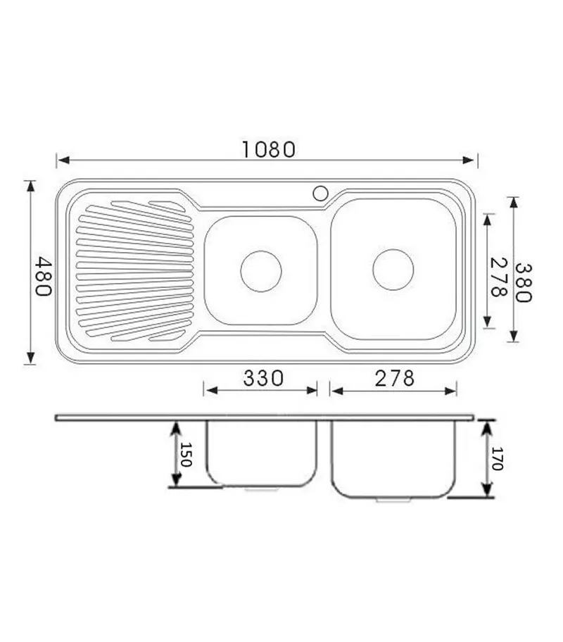 Technical Drawing For Cora Chrome 1 And 3/4 Bowls Sink 1080mm With Drainerboard On Side P1080RHB Technical Drawing For Cora Chrome 1 And 3/4 Bowls Sink 1080mm With Drainerboard On Side P1080RHB