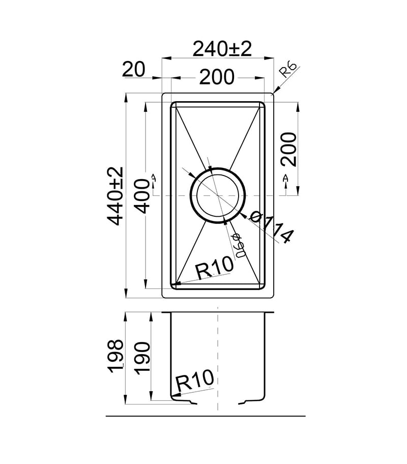 Technical Drawing For Eden Single Bowl Above or Undermount Sink 200mm PS200R