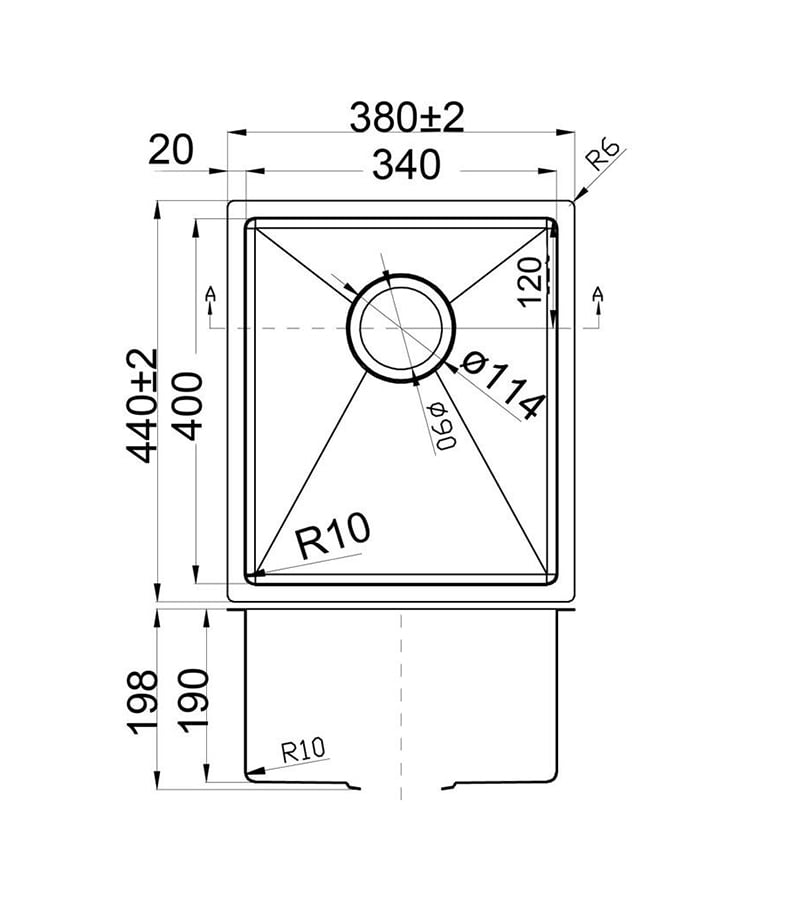Technical Drawing For Eden Single Bowl Above or Undermount Sink 340mm PS340R