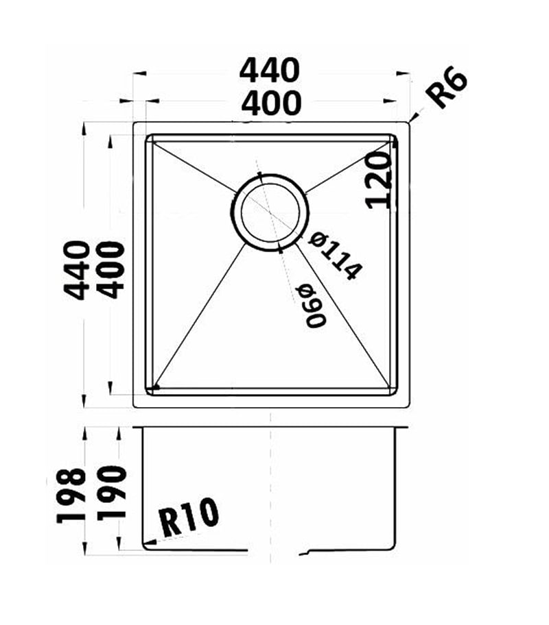 Technical Drawing For Eden Single Bowl Above or Undermount Sink 400mm CH4444R.KS