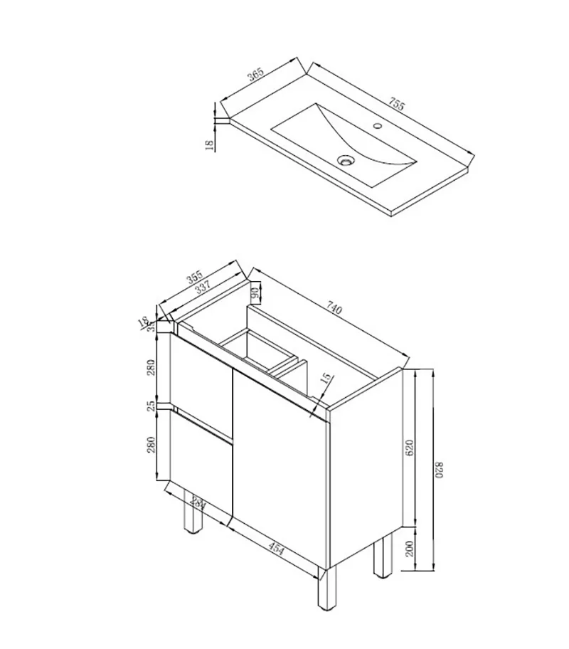 750mm x 360mm x 830mm Reno 1 Narrow Ceramic Top Vanity Legs or Kickboard rw156-750_spec