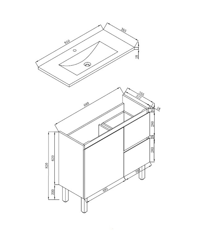 900mm x 360mm x 830mm Reno 1 Narrow Ceramic Top Vanity Legs or Kickboard rw156-900 spec