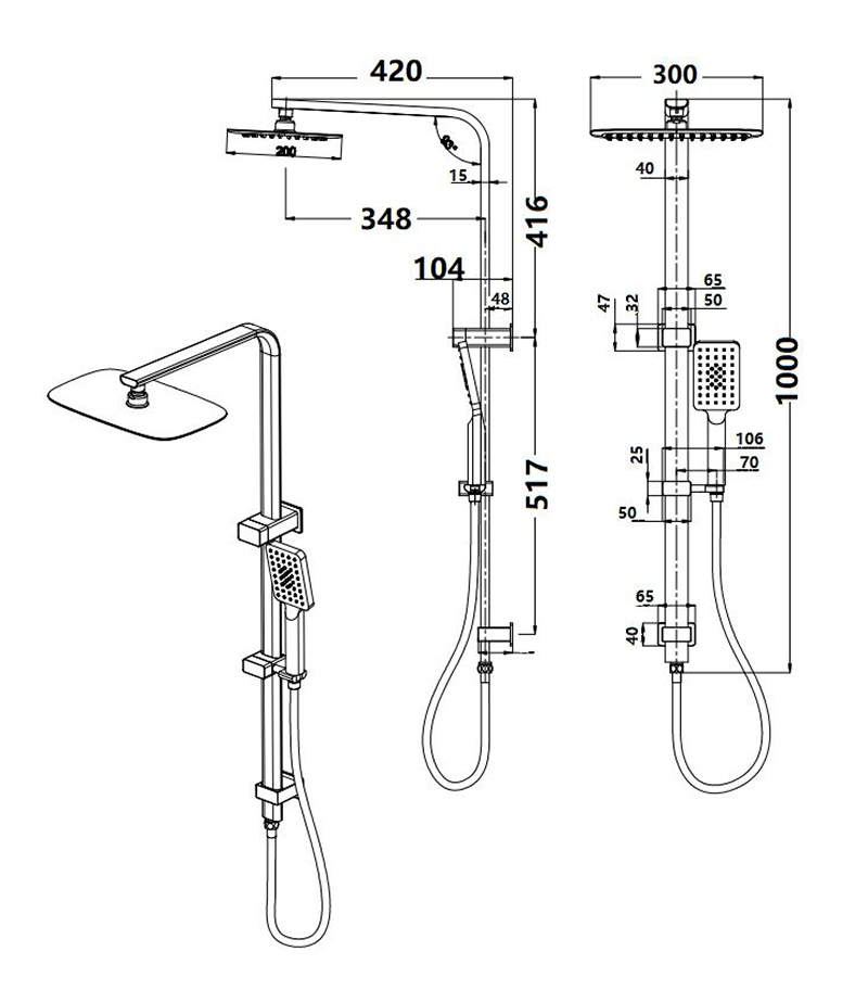 Specification For BK Square & Curved Twin Shower On Rail