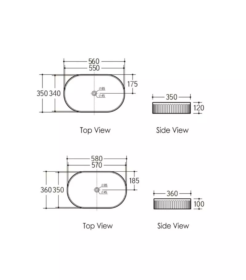 Kensington Fluted Oval Above Counter Ceramic Basin Specification