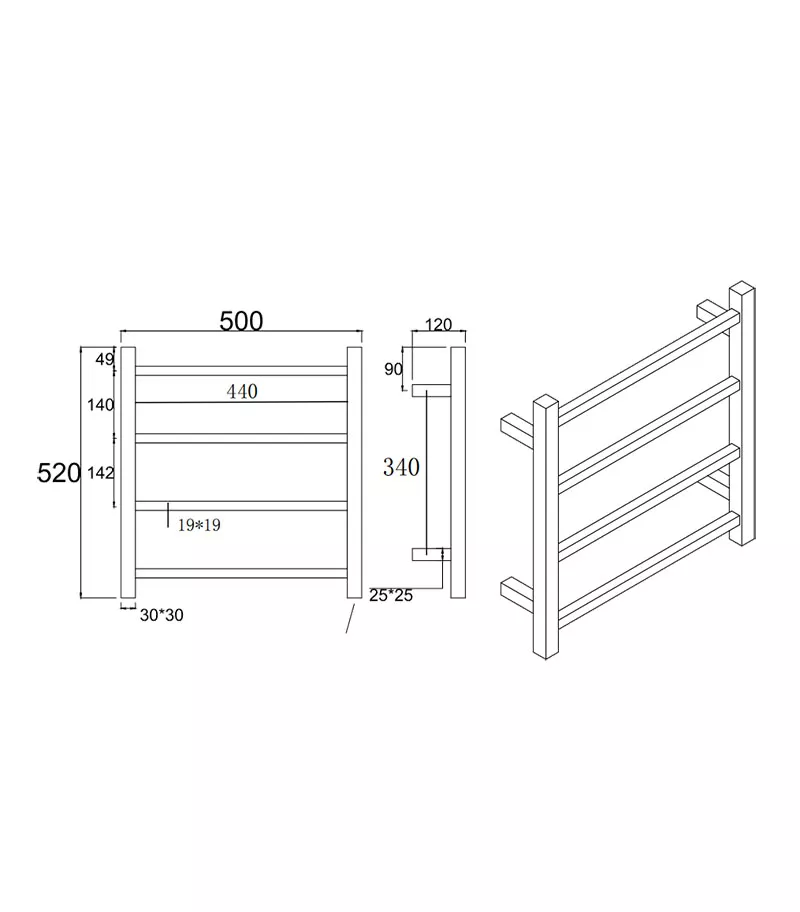 Aqua Square Heated Towel Rack 4 Bars Specification