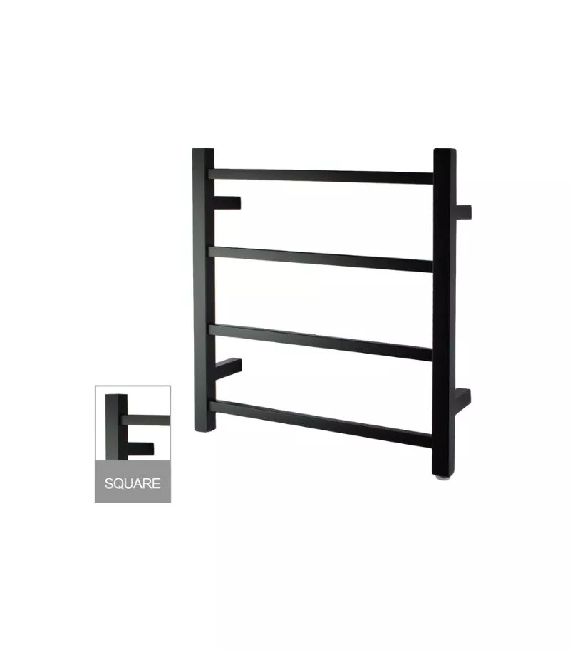 Aqua Square Matt Black Heated Towel Rack 4 Bars Sideview