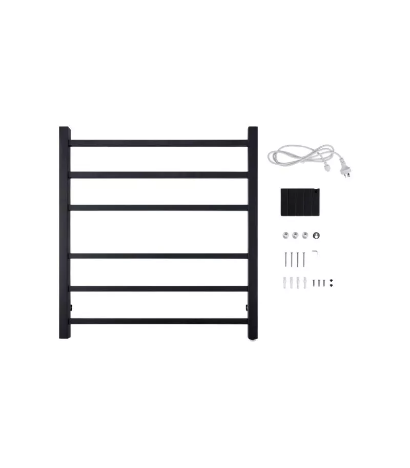 Aqua Square Matt Black Heated Towel Rack 6 Bars
