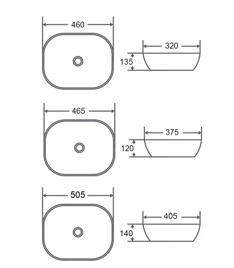 Nova Rectangle Above Counter Ceramic Basin Specification