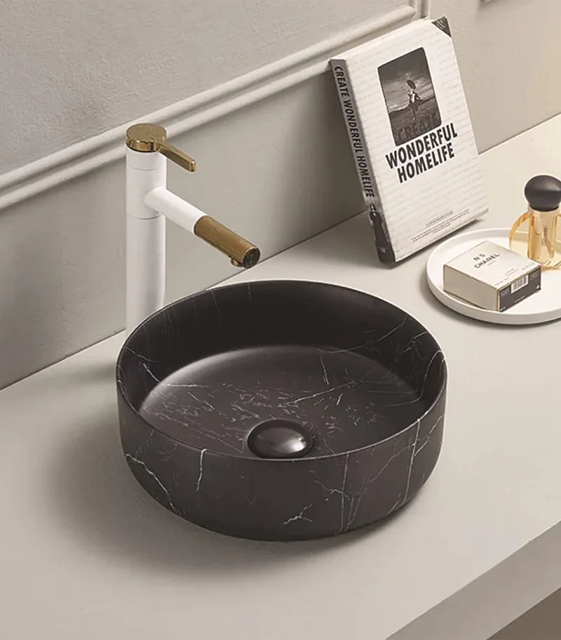 Cove Matt Black Marble Look Round Ceramic Above Counter Basin With Background