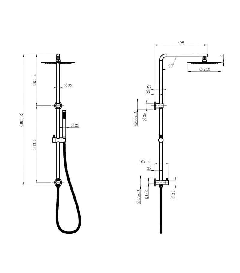 Cora Twin Shower On Rail 250mm Overhead Specification