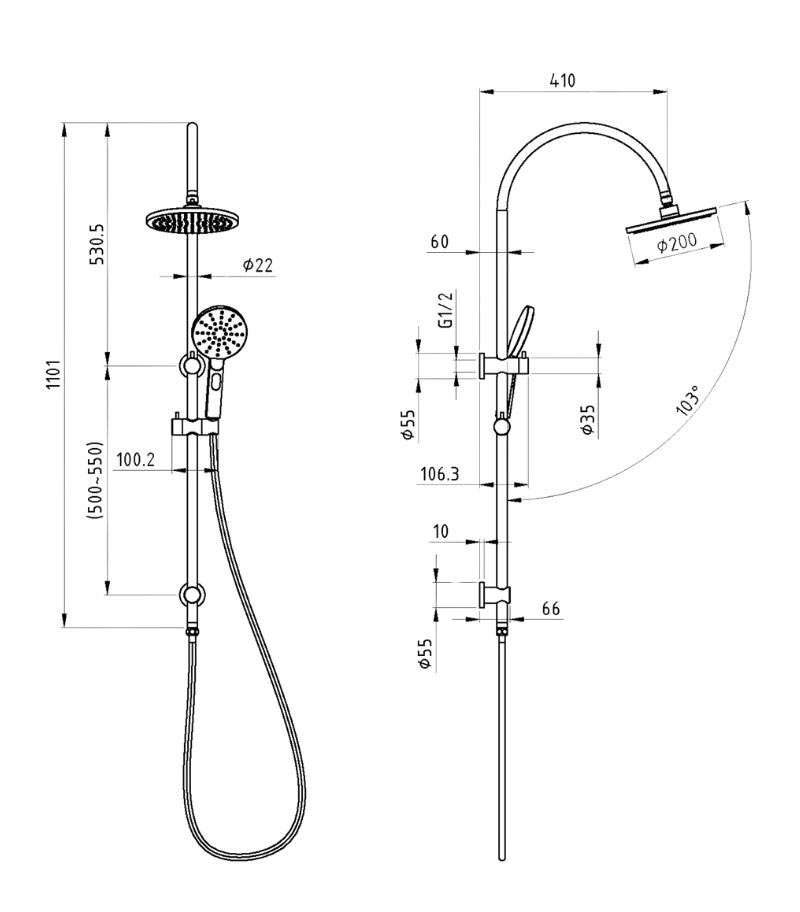 Cora Gooseneck Twin Shower On Rail Specification