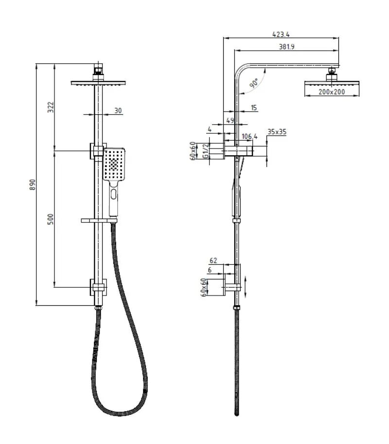 Eden Twin Shower On Rail - Top or Bottom Water Inlet | Specification